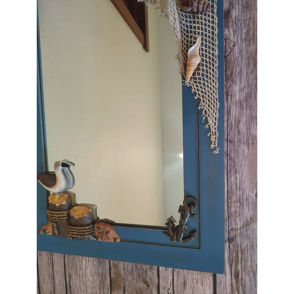 Nautical Beach Theme Mirror Seagull, Net Life Preserver Seashells Hanging Hooks